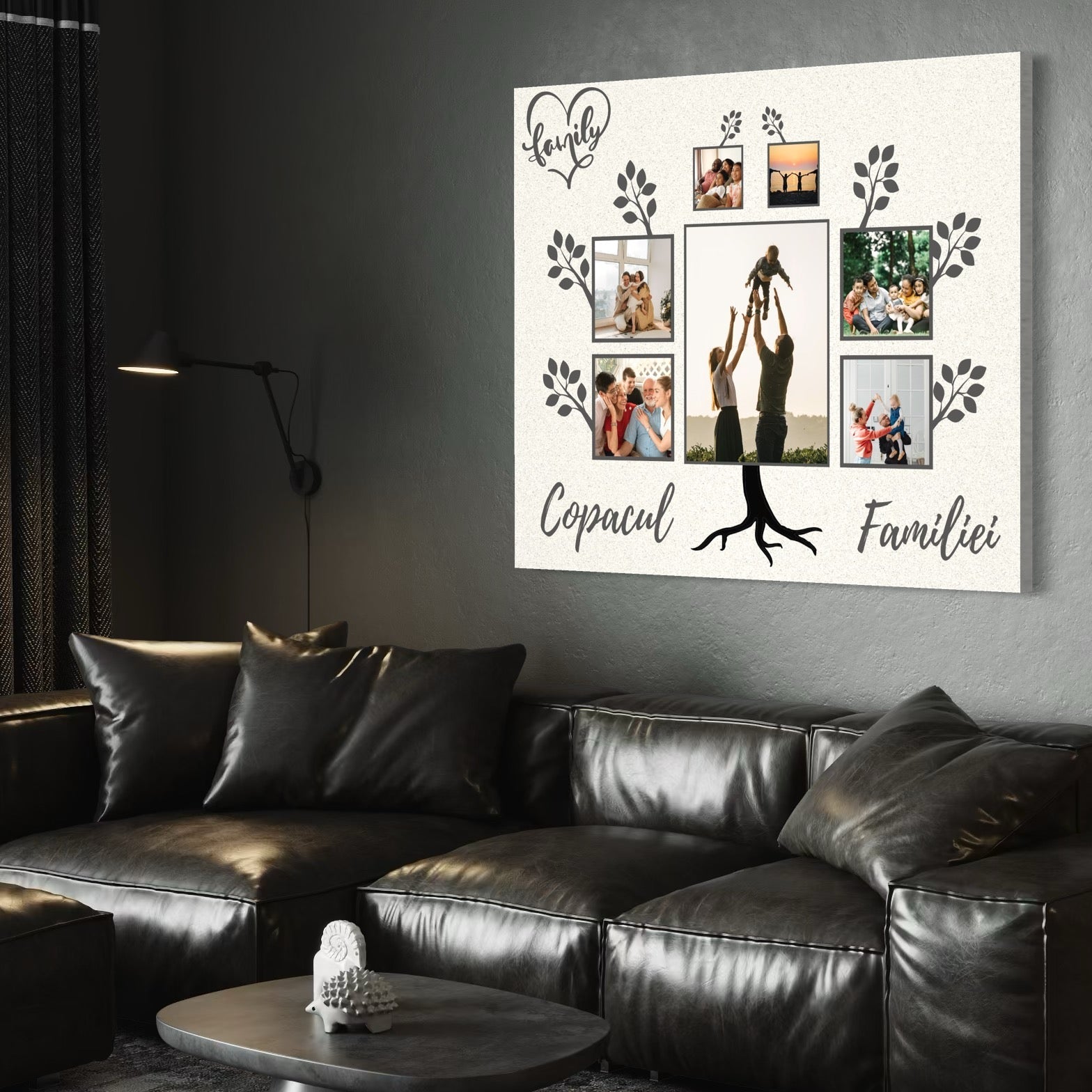 Tablou Canvas cu Arbore Genealogic si Fotografii, Gri si Alb, PS113